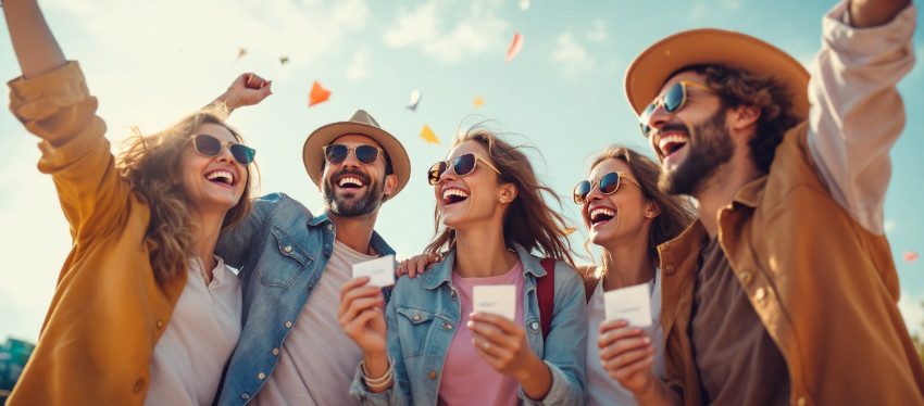 Grupo de personas felices celebrando con boletos de Euromillones, mostrando diversidad y entusiasmo.